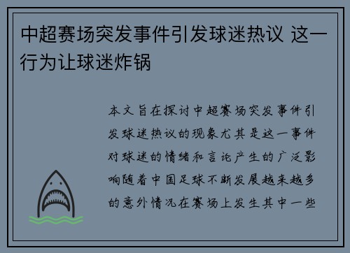 中超赛场突发事件引发球迷热议 这一行为让球迷炸锅